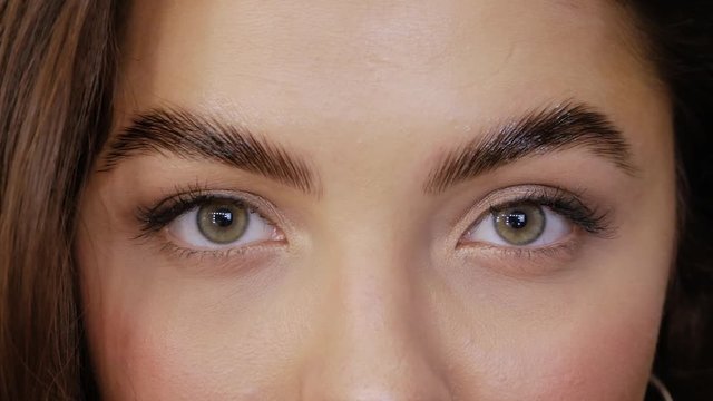 Cute girl with green brown eyes after Eyebrow Lamination Procedure close-up. Young woman looks straight into the frame and closes her eyes slow motion