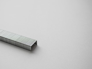 row of metal staples isolated on white paper background with negative space