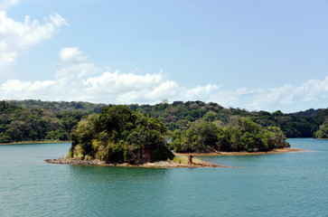 Obraz premium Green landscape of Panama Canal, view from the transiting cargo ship.