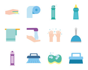 Cleaning service items flat style icon set vector design
