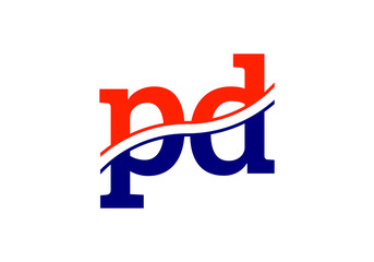 Bold Initials PD Logo Design with a Dynamic Swoosh Line in Red and Blue Colors