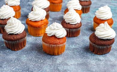 Cupcake baking background with kitchen utensils.