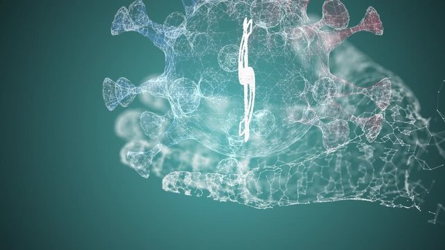 Digital animation of human hand holding dollar icon in infected virus environment.