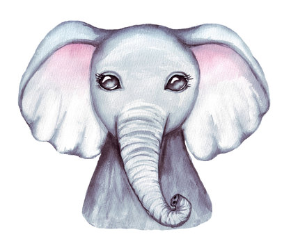 Cute lovely watercolor illustration of baby elephant face. Baby shower, nursery decor isolated on white.