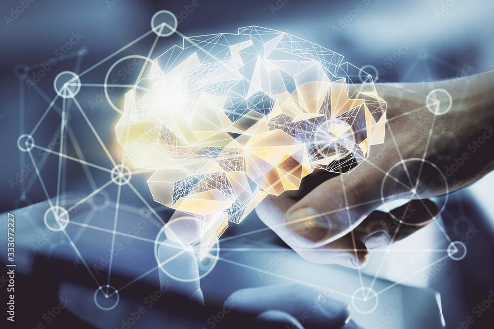 Aufkleber double exposure of man's hand holding and using a digital device and brain hologram drawing. data co