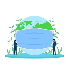 Business flat vector concept people put on the globe with masker metaphor of save the world from corona virus.
