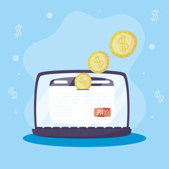 Payments online technology with laptop and coins