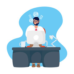 man using desktop with stress character