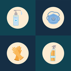 Soap dispenser alcohol spray bottle mask and gloves vector design