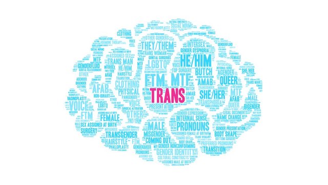 Trans animated word cloud on a white background. 