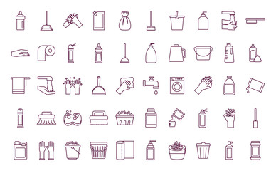Cleaning service items line style icon set vector design