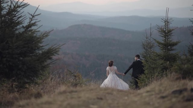 Newlyweds. Groom with bride walking away on mountain slope. Wedding couple