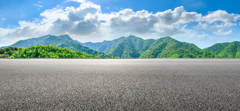 Asphalt Road And Green Tea Mountain Nature Landscape On Sunny Day,panoramic View.