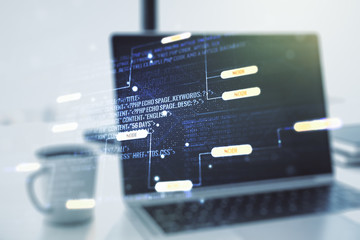 Multi exposure of abstract programming language hologram on computer background, artificial intelligence and neural networks concept