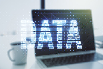 Creative Data word sign on modern laptop background. Multiexposure
