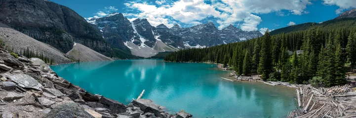 Fotobehang Panoramic view of Moraine Lake in Banff National Park, Canada. Summer in Canada with incredible turquoise, emerald green panorama nature mountains, forest.  © Scalia Media