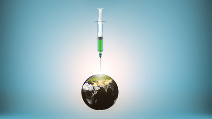 Cure injected from syringe into planet Earth, green clean environment concept, 3d illustration