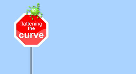 3D Illustration. Stop sign and virus drawing. Flattening the Curve in the pandemic. Isolation. To end the spread of COVID-19. Solidarity. I stay at home. Social immobilization, coronavirus. Distancing