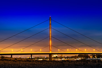 Oberkasseler Bridge at night in Dusseldorf of Germany