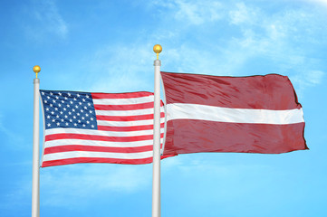 United States and Latvia two flags on flagpoles and blue cloudy sky