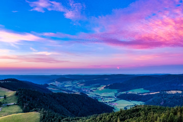 Colorful sky at sunset and landscape of Herzogenhorn, natural scernary of beautiful black forest