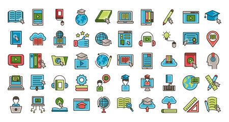 bundle of education online set icons