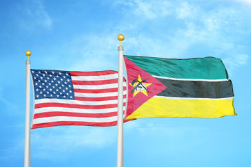 United States and Mozambique two flags on flagpoles and blue cloudy sky