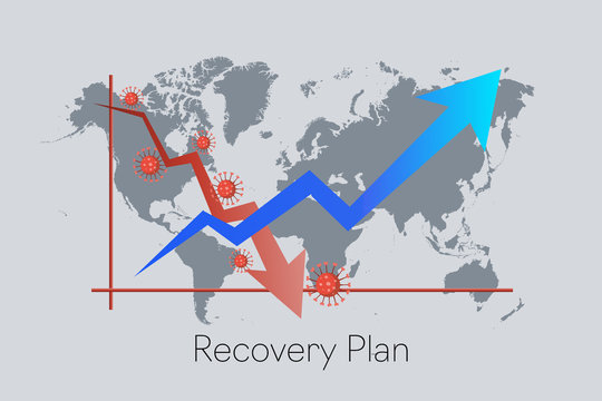 Recovery Plan from COVID-19 impact. Downward red arrow follow by upward blue arrow. Building back the economy business industries