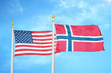 United States and Norway two flags on flagpoles and blue cloudy sky