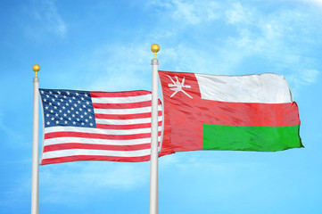 United States and Oman two flags on flagpoles and blue cloudy sky