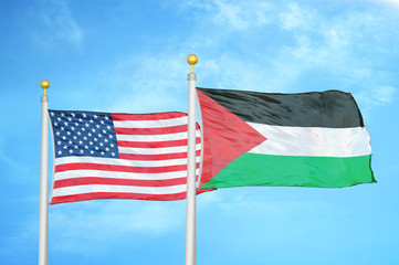 United States and Palestine two flags on flagpoles and blue cloudy sky