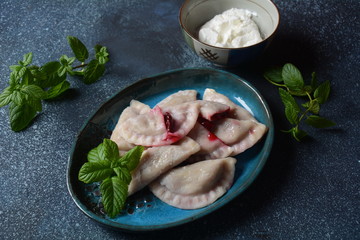 Dumplings with cherries,sour cream and mint. Ukrainian, Russian and Belarusian cuisine. Healthy breakfast