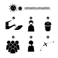 coronavirus precautions, coronavirus vector icon set