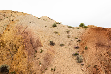 Fototapeta na wymiar desert landscape on summer day, red hills similar to martian landscape. Soil erosion in canyon, lack of water and rain turns valley into steppe
