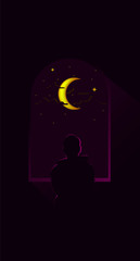 The man looking outside of windows at night vector illustration