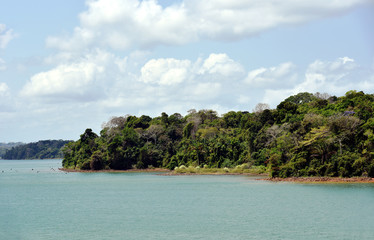 Green landscape of Panama Canal, view from the transiting cargo ship.