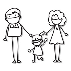 hand drawing cartoon character people in family wear mask protection from Covid-19