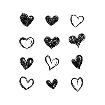 Hand drawn hearts. Set of black hearts scribble design on white background.