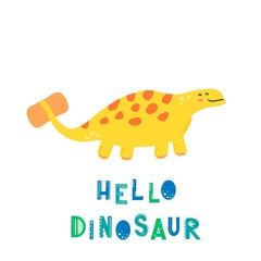 Cute dinosaur with lettering Hello dinosaur for kids, baby t-shirt, greeting card design. Funny little dino of hand drawn style. Vector illustration of dinosaur isolated on background.