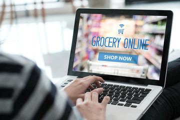 Grocery online shop to order food delivery from supermarket, Woman hands using laptop computer for...