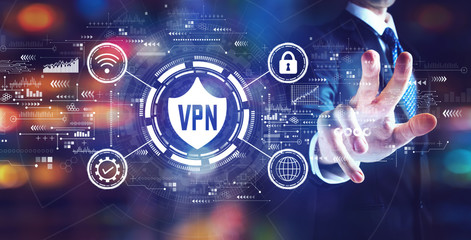 VPN concept with businessman on night city background