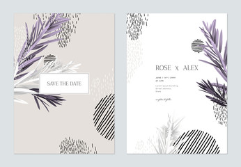 Wedding invitation card template design, purple bottle brush branches with hand drawn graphics