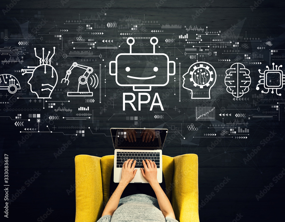 Poster robotic process automation concept with person using a laptop in a chair