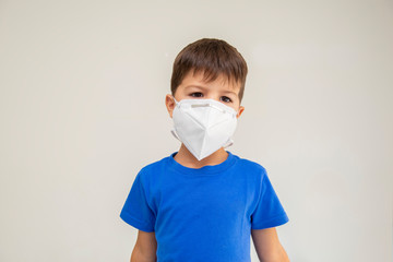 Closeup of caucasian boy wearing surgical mask.