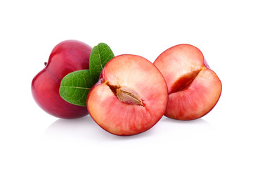 red cherry plum with leaf isolated on white background