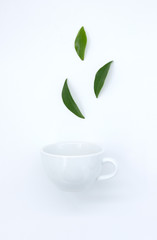 cup with tea and teapot on white  background, over light