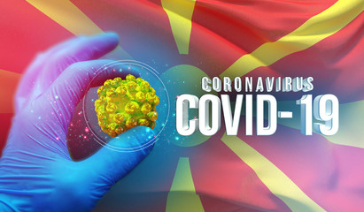 Coronavirus COVID-19 outbreak concept, health threatening virus, background waving national flag of North Macedonia. Pandemic stop Novel Coronavirus outbreak covid-19 3D illustration.