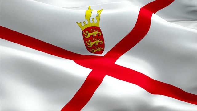 Bailiwick of Jersey island flag Motion Loop video waving in wind. Realistic Islanders Flag background. Jersey Flag Looping Closeup 1080p Full HD 1920X1080 footage. Jersey EU British country flags foot