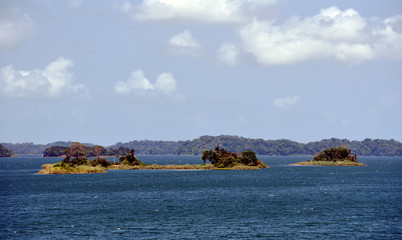 Green landscape of Panama Canal, view from the transiting cargo ship.