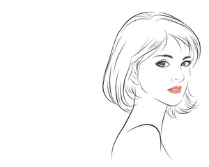 girl face long hair portrait isolated on white background. hand drawn vector illustration